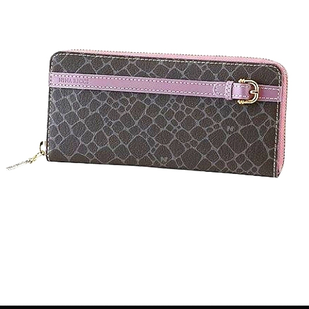 NWT Nina Ricci Brown Pink Long Zip Around Wallet Wit Gold Buckle Accent